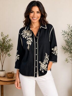 Johnny Was Los Angeles Black Linen Embroidered Sun Floral Button Down Shirt L